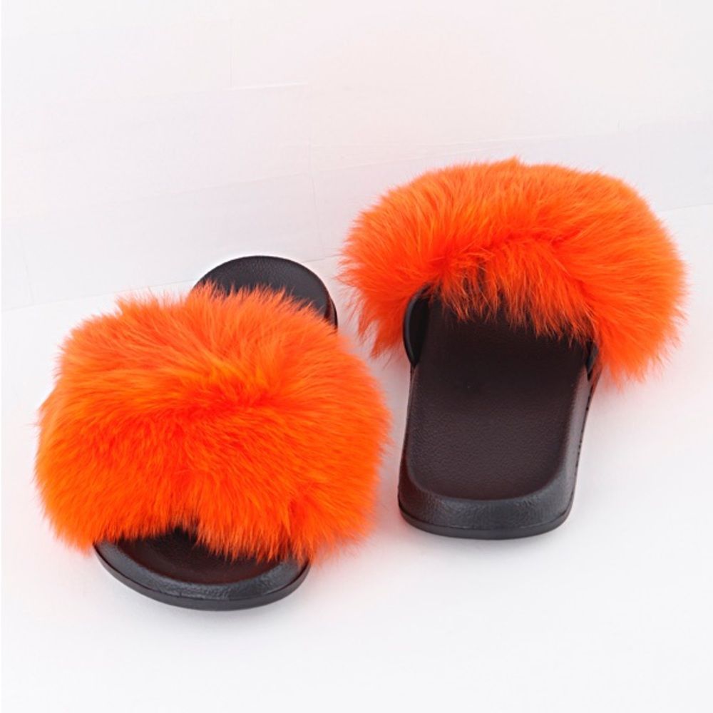 Orange Fox Fur Slippers